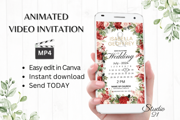 Elegant Red Roses Wedding Invitation W8440B Digital Evite